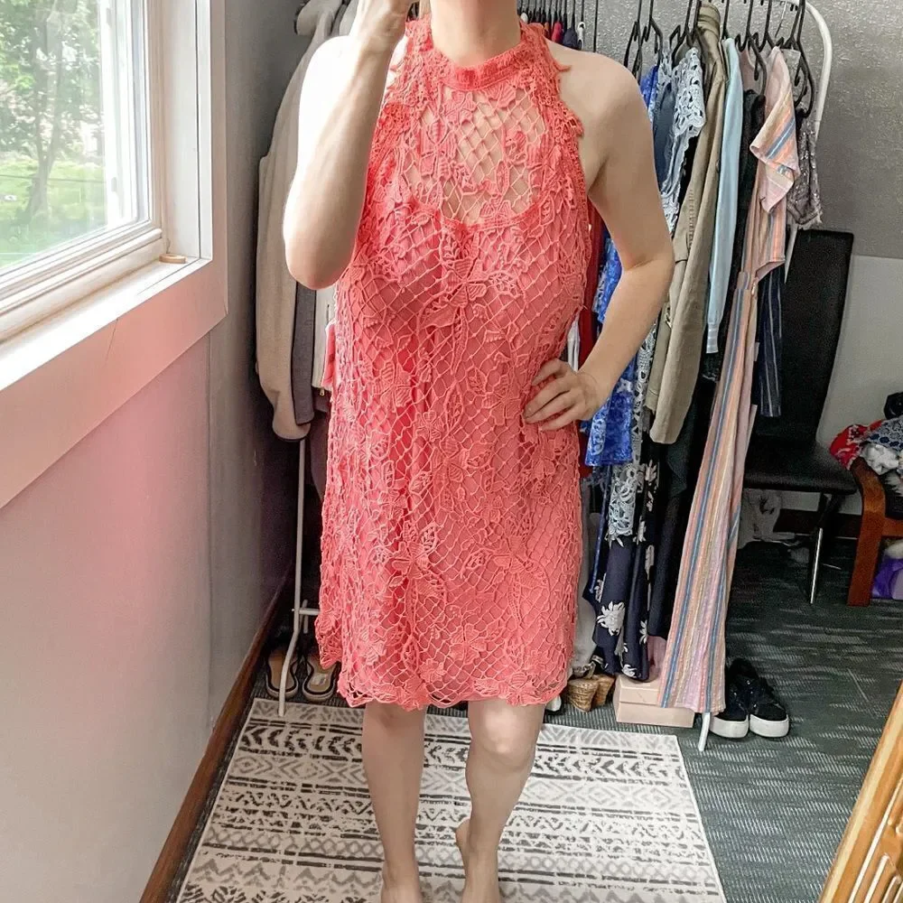 Free People Snowdrop Lace Halter Trapeze Mini Dress Coral L